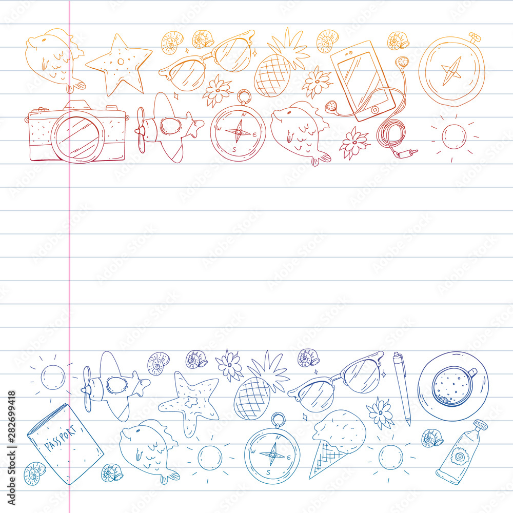 Travel vector pattern. Adventure, beach, tropical design. Travel vector pattern. Adventure, beach, tropical design.