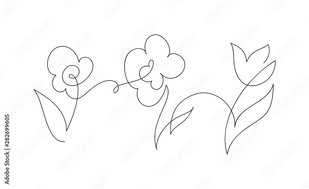 Continuous one line drawing flowers. Black and white vector ...