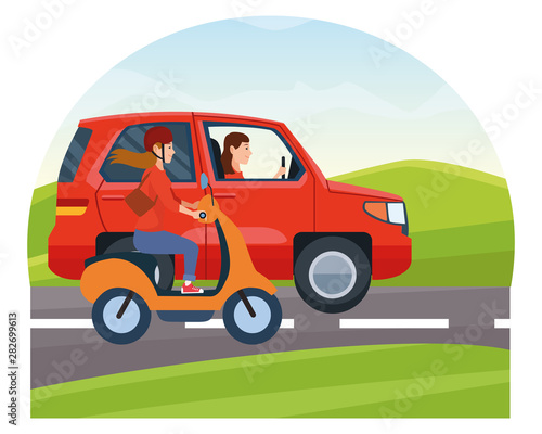 Vehicle and motorcycle with drivers riding