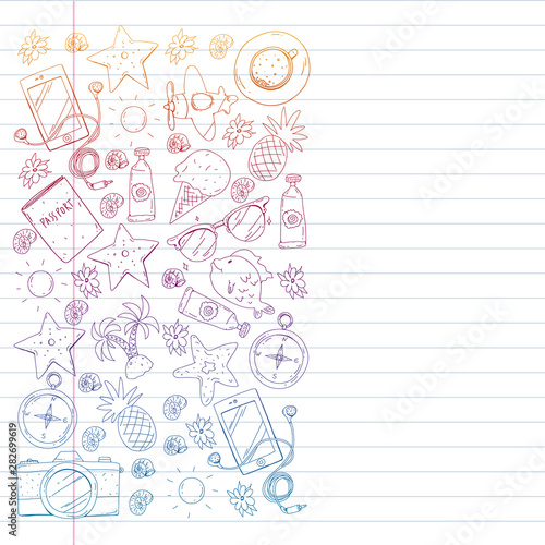 Travel vector pattern. Adventure, beach, tropical design.