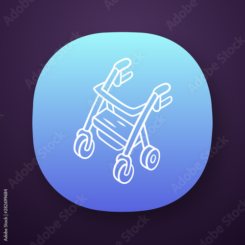 Rollator walker app icon. Mobility aid device for physically disabled people. Pensioner, elderly wheel walker equipment. UI/UX user interface. Web or mobile application. Vector isolated illustration
