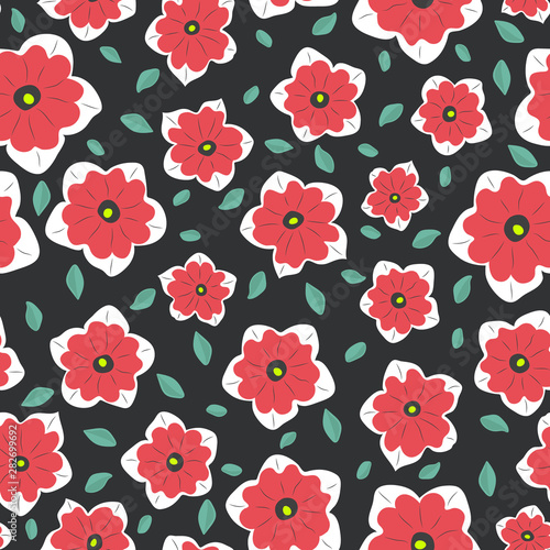 Seamless simple pattern. Minimal style. Red flowers and green leaves against a dark background.