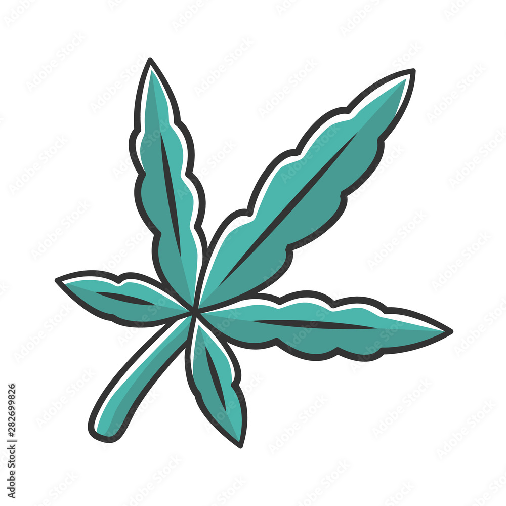 Cannabis leaf color icon. Weed product. Ganja industry. Green branch of marijuana. Alternative medication. Marihuana legalization. Drug use. Isolated vector illustration