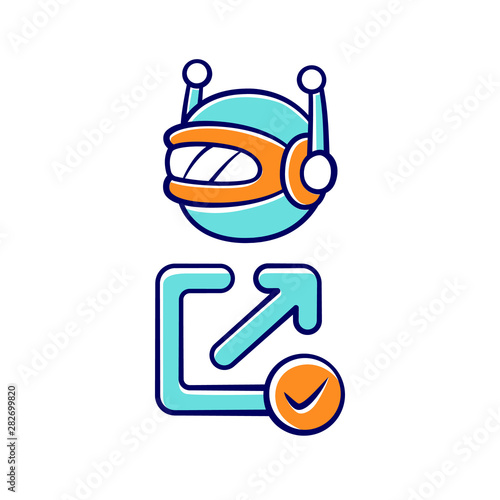 Backlink checker bot color icon. Website optimization. Artificial intelligence. Support service bot. SEO assistant. Technology, electronics, ai. Robot machine. Isolated vector illustration