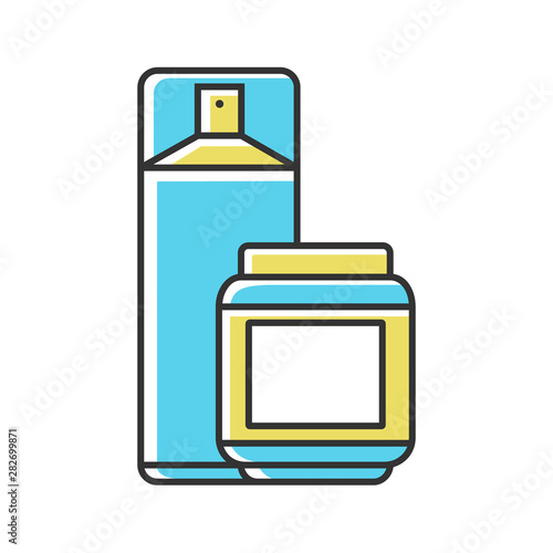 Hairspray and styling gel color icon. Hairstyling products. Means for fixing wet and dry hair. Products for hair harden and wind protection. Professional hairstyling. Isolated vector illustration