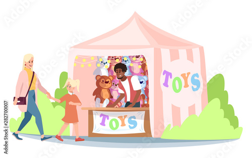 Fair market stall with toys flat vector illustration. Mother and daughter at circus fair, funfair trade tent with kids toys and seller cartoon characters. Amusement park, fairground attractions
