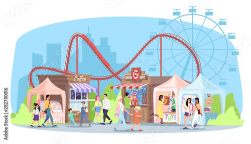 Amusement park flat vector illustration. Roller coaster, ferris wheel, market stalls with food, toys. People walk funfair, circus fair cartoon characters. Kids and adults enjoy fairground attractions