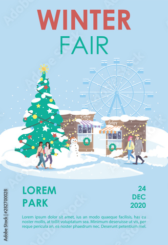 Winter fair brochure template. Christmas funfair, market flyer, booklet, leaflet concept with flat illustrations. New Year, Xmas holiday event. Page layout for magazine. Advertising invitation