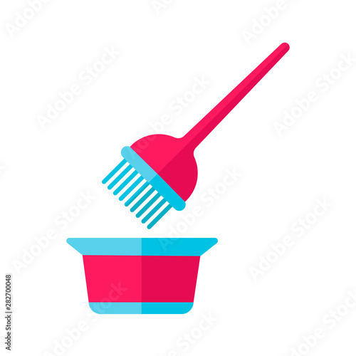 Hair coloring tools flat design long shadow color icon. Tint mixing bowl and hair dye brush. Hairdressing instruments. Professional hairstyling. Hairstylist accessories. Vector silhouette illustration
