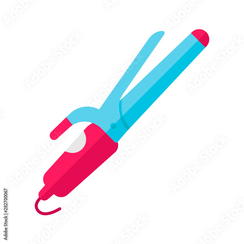 Hair curler flat design long shadow color icon. Curling iron. Curling tongs. Creating curls by heating. Electric hairdresser tool. Professional hair styling. Vector silhouette illustration