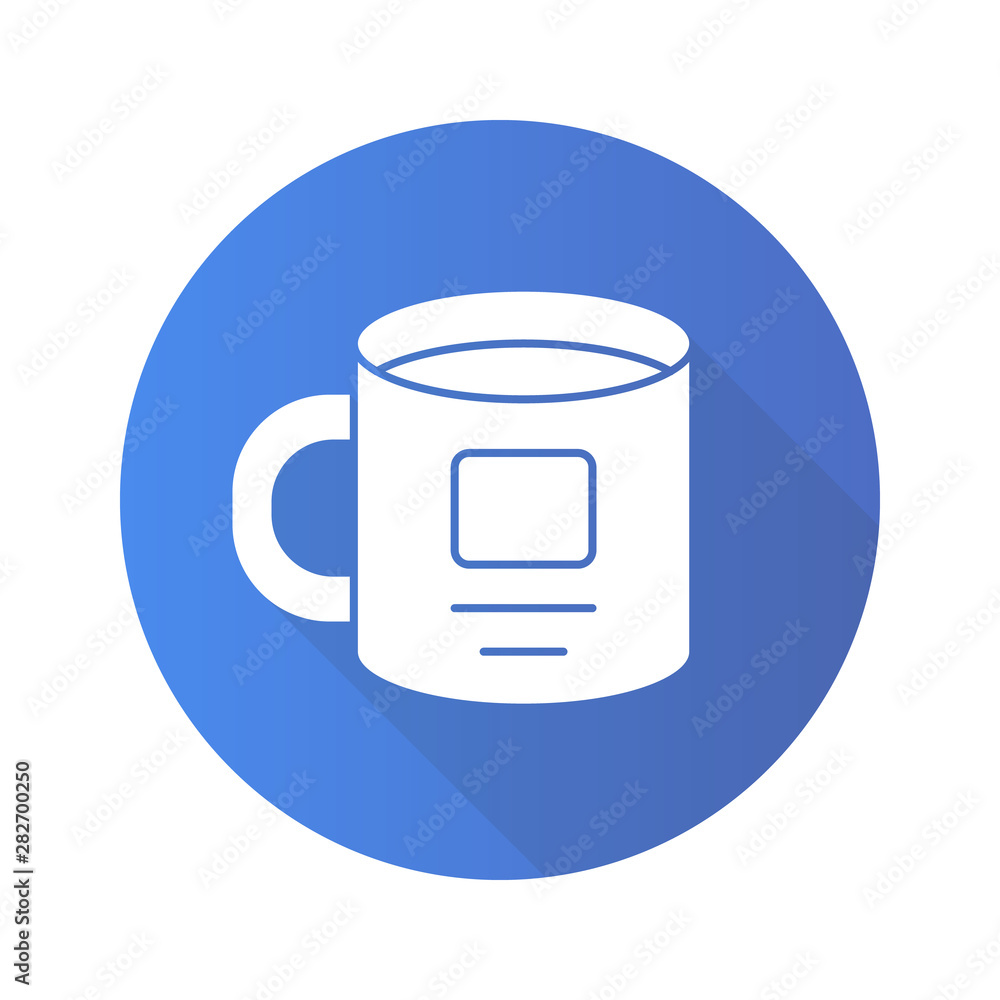 Personal cup flat design long shadow glyph icon. Ceramic utensil vector silhouette illustration. Crockery, office worker, signed mug with drink, tableware accessory. Corporate identity, merchandise Personal cup flat design long shadow glyph icon. Ceramic utensil vector silhouette illustration. Crockery, office worker, signed mug with drink, tableware accessory. Corporate identity, merchandise