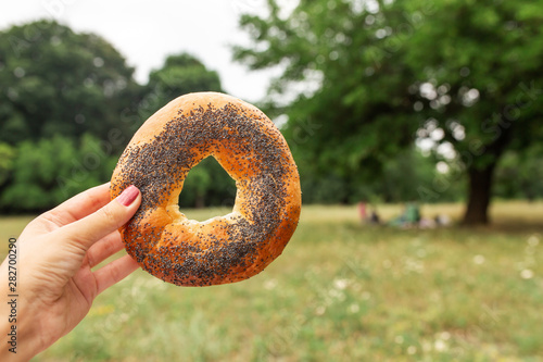 Woman hand hold bagel with poppy seeds at forest background