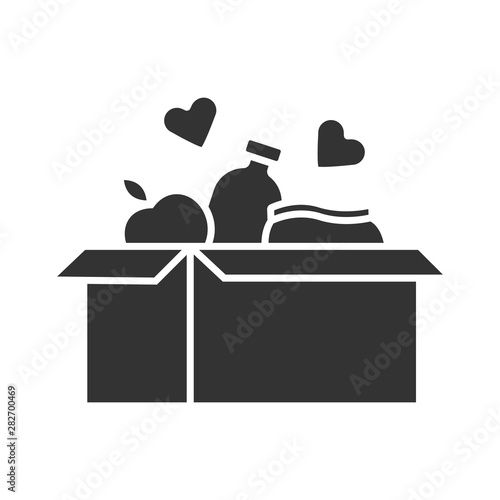 Food donations glyph icon. Charity food collection. Box with meal, hearts. Humanitarian volunteer activity. Helping people in need. Silhouette symbol. Negative space. Vector isolated illustration