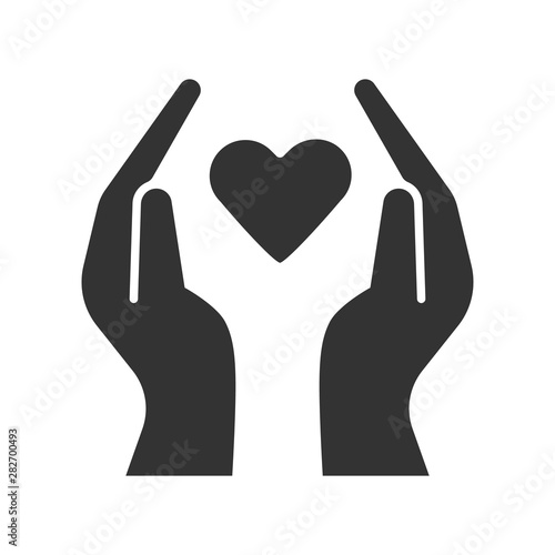 Hands with heart glyph icon. Volunteering activity. Nonprofit organization. Charity project. Friendship and love. Silhouette symbol. Negative space. Vector isolated illustration