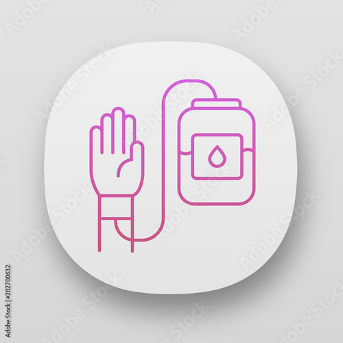 Donorship app icon. Blood donation and transfusion. Volunteer activity. World Donor Day. Donor hand and blood bag. UI/UX user interface. Web or mobile applications. Vector isolated illustrations