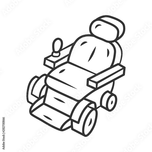 Motorized wheelchair linear icon. Mobility aid device for physically disabled people. Handicapped transport. Thin line illustration. Contour symbol. Vector isolated outline drawing. Editable stroke