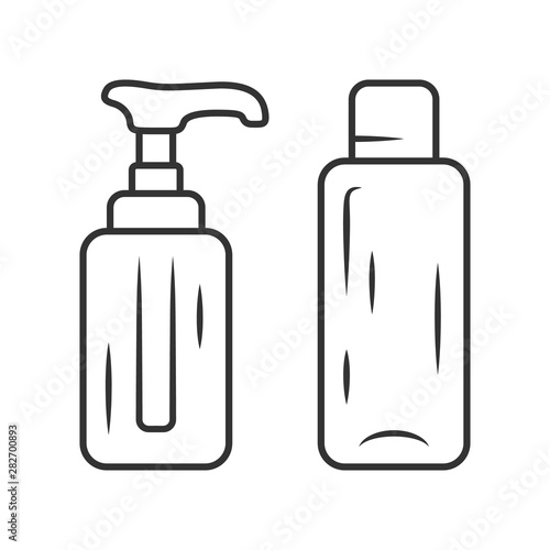 Empty reusable containers linear icon. Shampoo and soap bottles for travel. Personal hygiene, care products. Thin line illustration. Contour symbol. Vector isolated outline drawing. Editable stroke