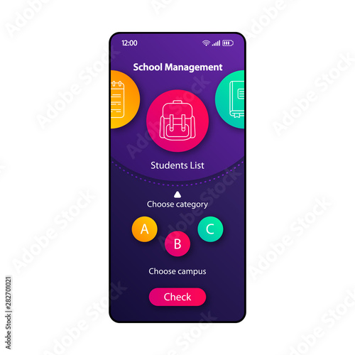 School life manager smartphone interface vector template. Mobile app page color design layout. Students planner screen. Flat UI for application. College education organizer phone display