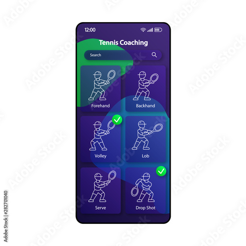 Tennis coaching software smartphone interface vector template. Mobile app page color design layout. Tennis player training screen. Linear UI for application. Ball hitting technique phone display