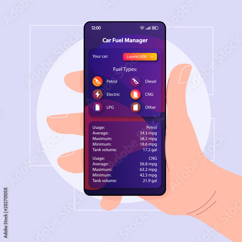Car fuel control smartphone interface vector template. Mobile app page color design layout. Diesel, LPG, CNG usage screen. Flat UI for application. Hand holding phone with refueling manager on display