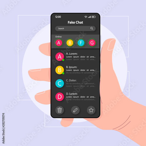 Fake chat smartphone interface vector template. Mobile app page color design layout. Chatting messages screen. Flat UI for application. Hand holding phone with false conversation maker on display