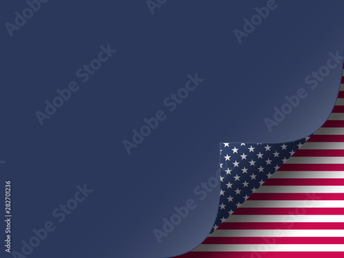 USA template in american flag colors with curled corner effect. Background for US holidays, copy space. Vector illustration.
