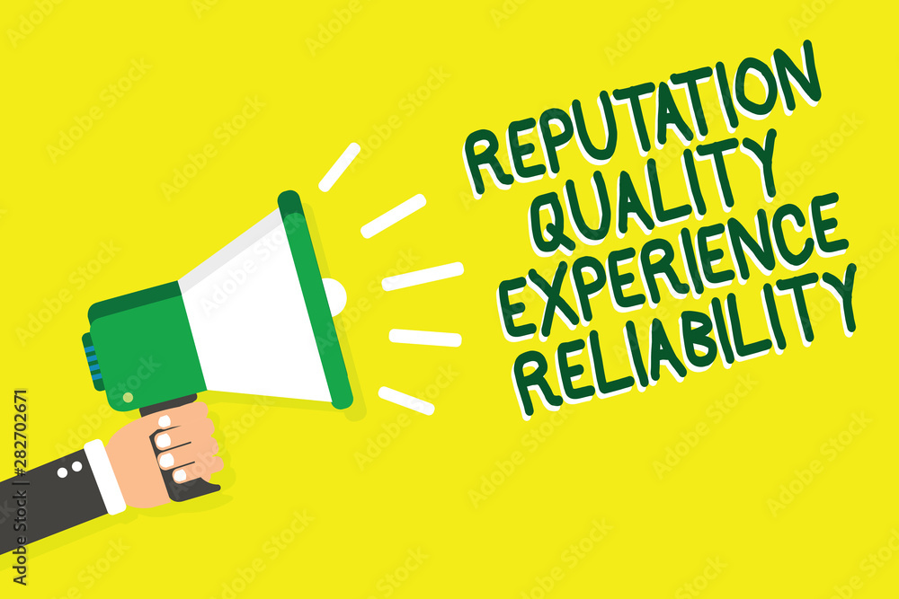 Writing note showing Reputation Quality Experience Reliability. Business photo showcasing Customer satisfaction Good Service Man holding megaphone loudspeaker yelliw background speaking loud Writing note showing Reputation Quality Experience Reliability. Business photo showcasing Customer satisfaction Good Service Man holding megaphone loudspeaker yelliw background speaking loud