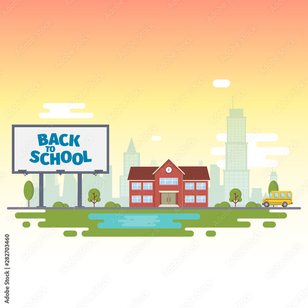 billboard with the words back to school on the background of the city