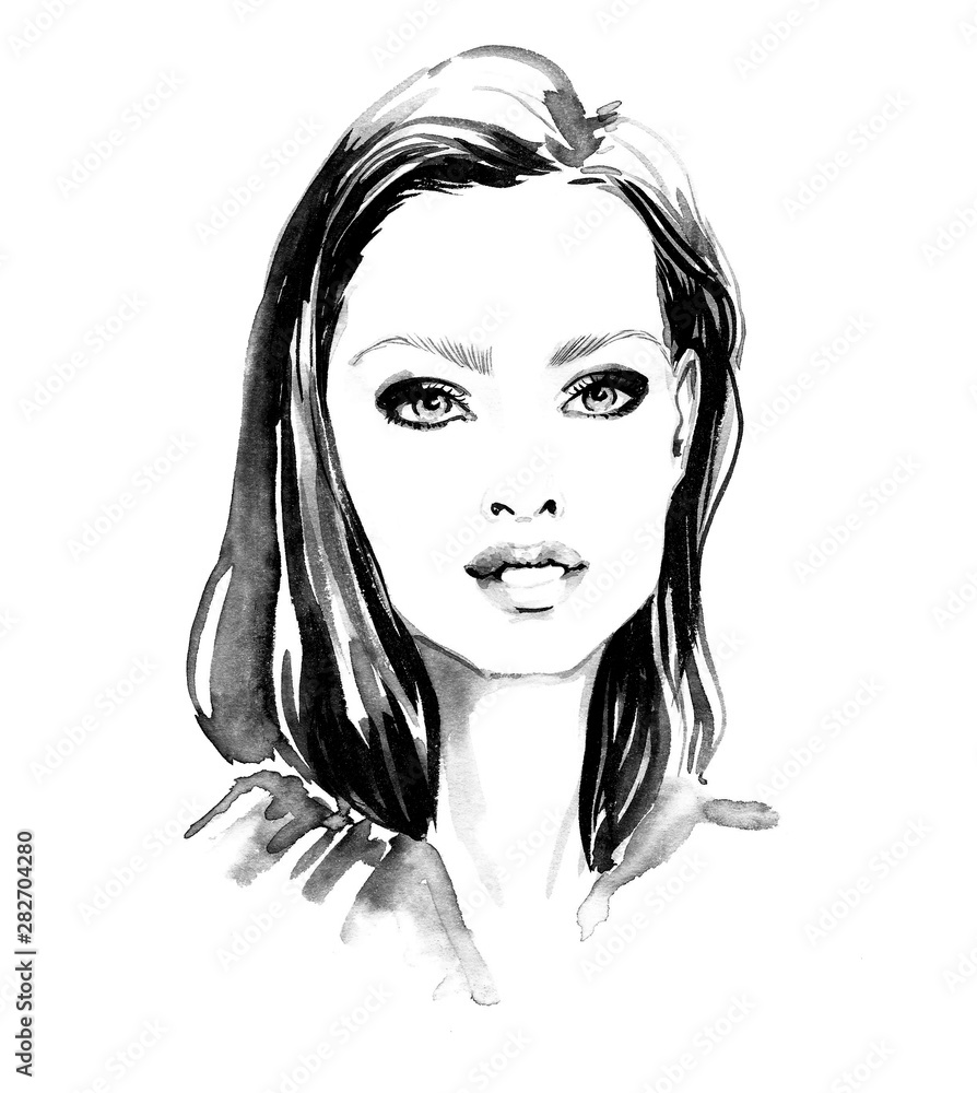 Fashion portrait of stylish woman. Black ink graphic. Fashion illustration. Elegance female portrait. Stylish young woman. Watercolor fashion illustration. Poster for advertising cosmetics, beauty sa Fashion portrait of stylish woman. Black ink graphic. Fashion illustration. Elegance female portrait. Stylish young woman. Watercolor fashion illustration. Poster for advertising cosmetics, beauty sa