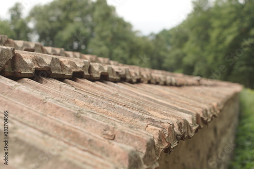 Close-up image of weathered brown tiles on roof 