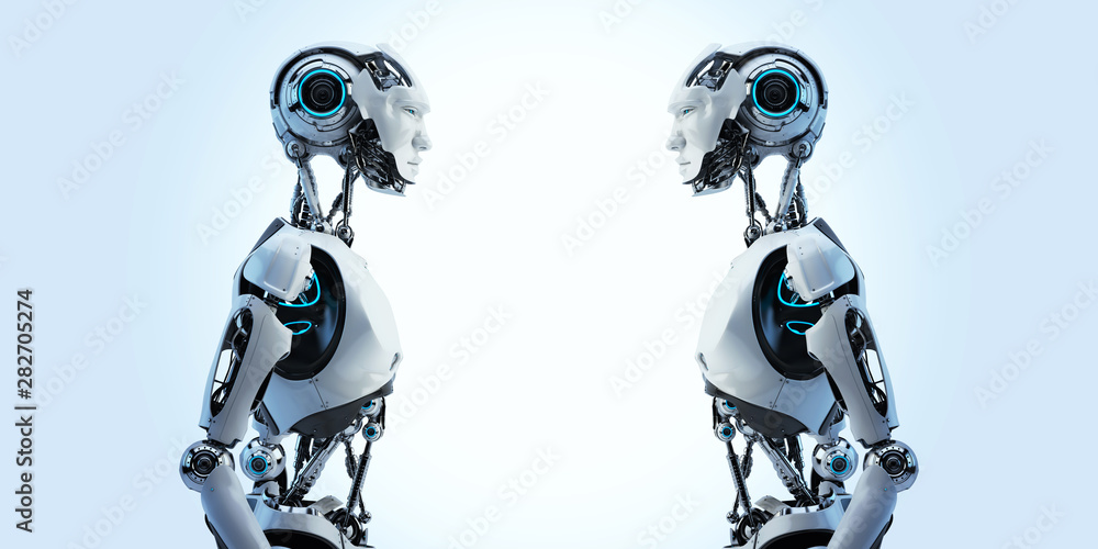 Two sci-fi robot male with an open mechanical digestive system, 3d rendering in profile
