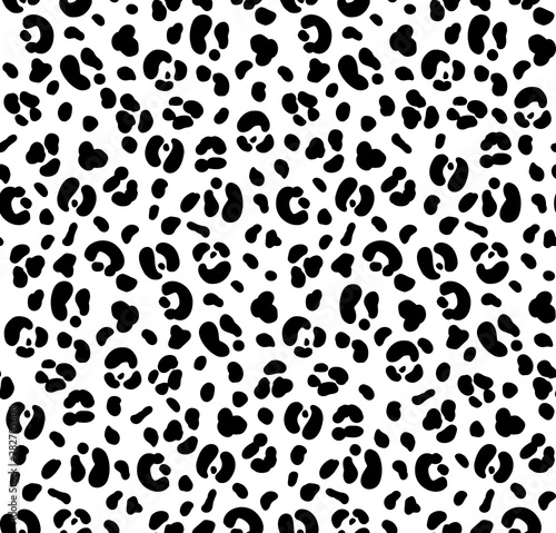 Seamless black and white color leopard print. Animal skin pattern. White leopard background. Can be used for fabrics, wallpapers, scrap-booking, etc. Vector illustration.