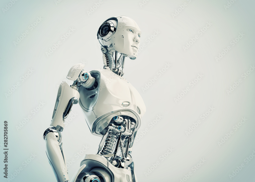 Smart handsome robot male with an open mechanical digestive system, 3d rendering in profile Smart handsome robot male with an open mechanical digestive system, 3d rendering in profile