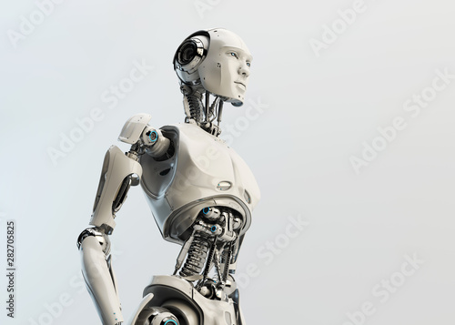 Smart handsome robot male with an open mechanical digestive system, 3d rendering in profile