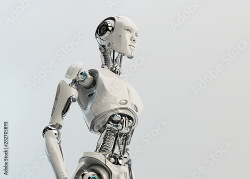 Smart handsome robot male with an open mechanical digestive system, 3d rendering in profile