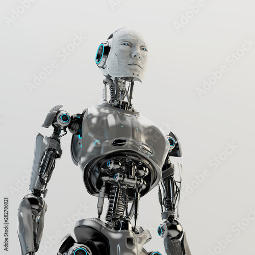 Smart handsome robot man torso with an open mechanical digestive system, 3d rendering