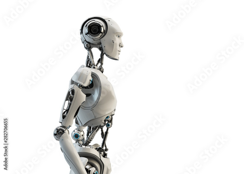 Smart handsome robot male with an open mechanical digestive system, 3d rendering in profile