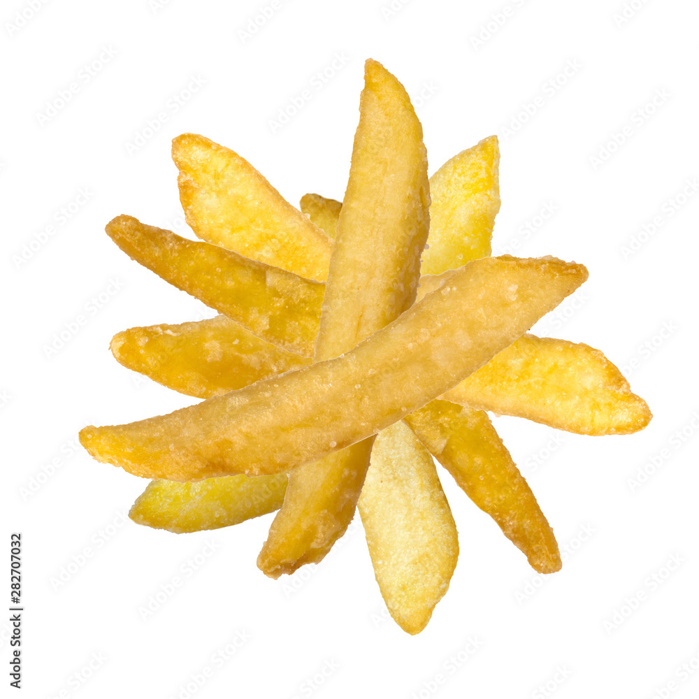 heap of French fries isolated on white background. top view heap of French fries isolated on white background. top view