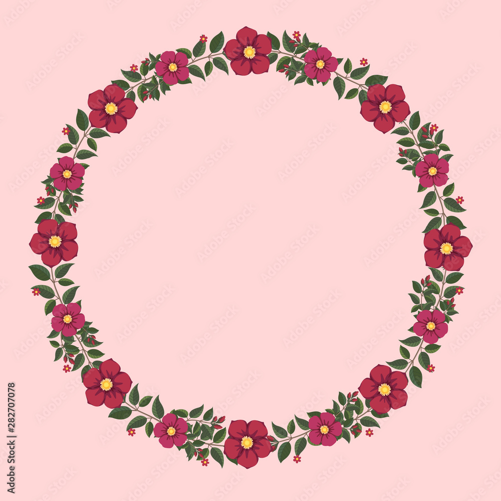 Floral greeting card and invitation template for wedding or birthday, Vector circle shape of text box label and frame, Red and pink flowers wreath ivy style with branch and leaves. Floral greeting card and invitation template for wedding or birthday, Vector circle shape of text box label and frame, Red and pink flowers wreath ivy style with branch and leaves.