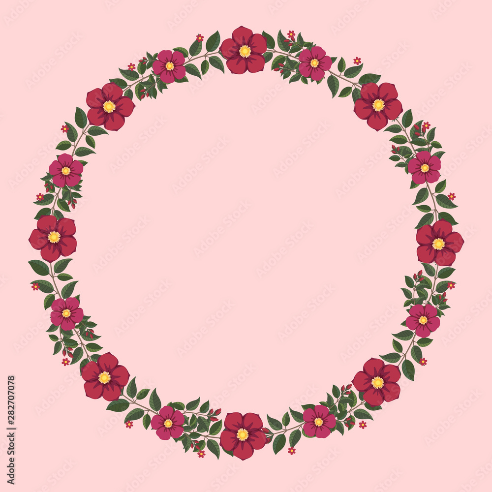 Floral greeting card and invitation template for wedding or birthday, Vector circle shape of text box label and frame, Red and pink flowers wreath ivy style with branch and leaves.