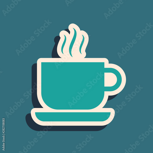Green Coffee cup icon isolated on blue background. Tea cup. Hot drink coffee. Long shadow style. Vector Illustration