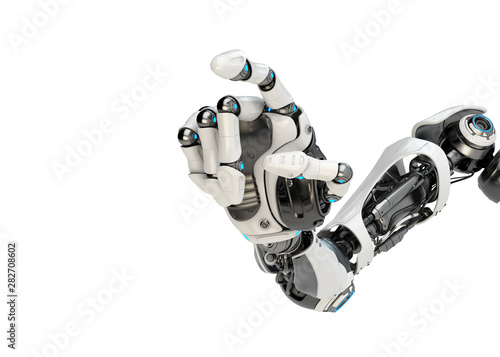Robotic arm touching invisible screen with index finger, 3d rendering