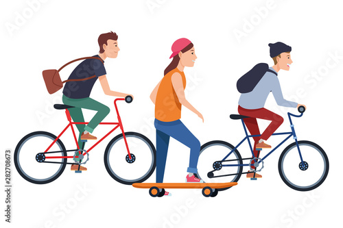 People with bikes and skateboard