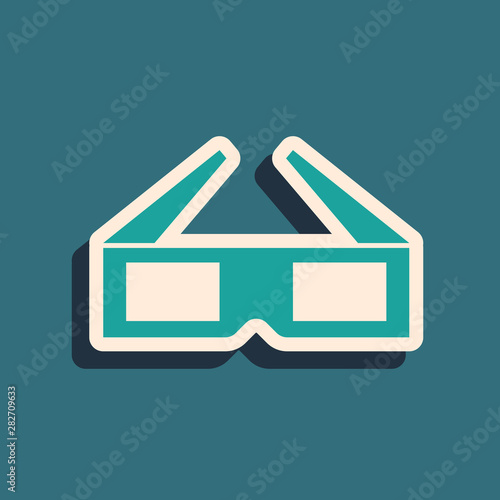 Green 3D cinema glasses icon isolated on blue background. Long shadow style. Vector Illustration
