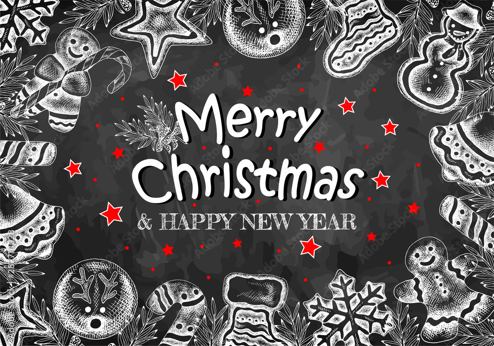Vector illustration of sketch hand drawn Merry Christmas & Happy New Year holiday greeting card with cookies, snowflakes,gingerbread candy and stars on chalkboard. Vintage frame, xmas poster, banner. Vector illustration of sketch hand drawn Merry Christmas & Happy New Year holiday greeting card with cookies, snowflakes,gingerbread candy and stars on chalkboard. Vintage frame, xmas poster, banner.