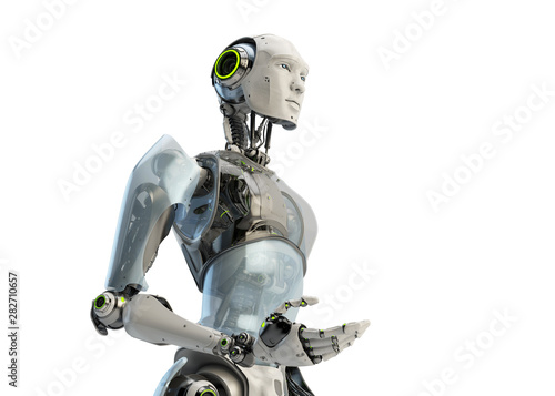 Cyborg man by torso, gesturing 3d rendering
