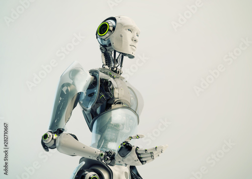 Cyborg man by torso, gesturing 3d rendering