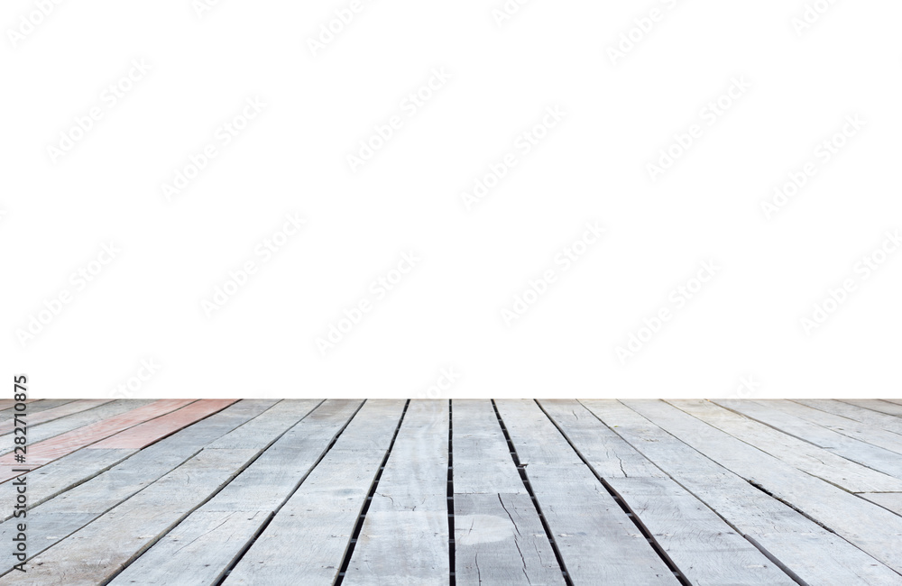 empty dark wooden table isolated on white background, wood floor can used for display or mock up your products.