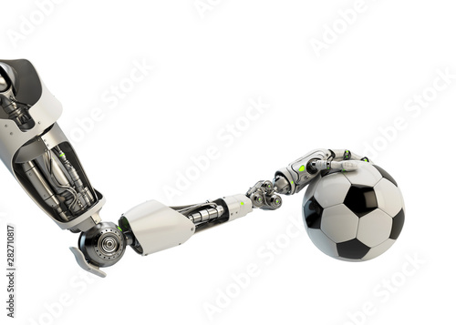 Robotic arm with soccer ball, 3d rendering