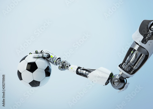 Robotic arm with soccer ball, 3d rendering